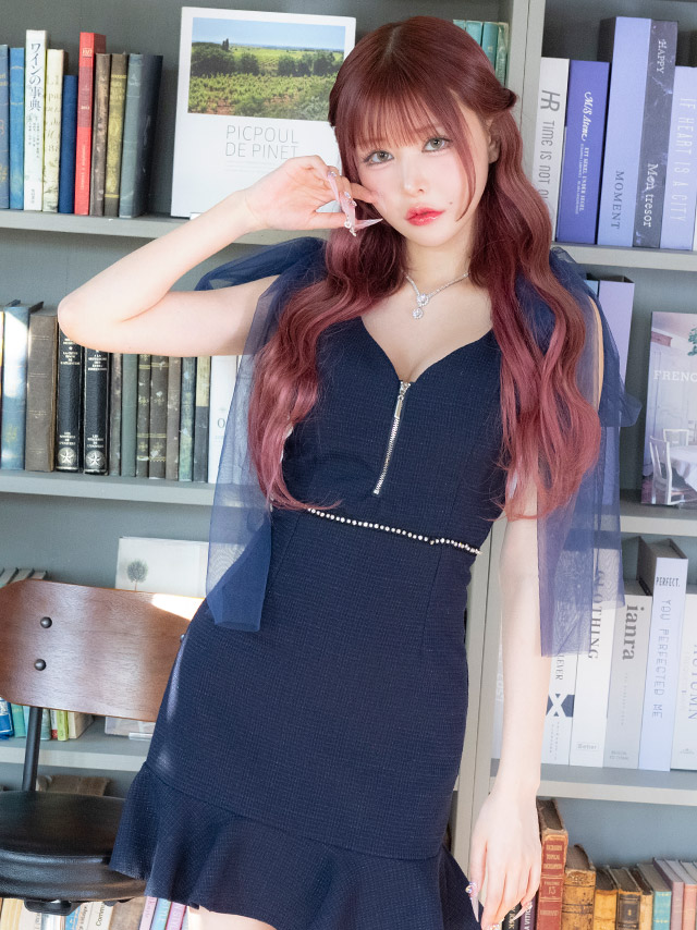 バストジップキャミソールチュールリボン裾フリルツイードタイトミニドレスの商品画像4枚目