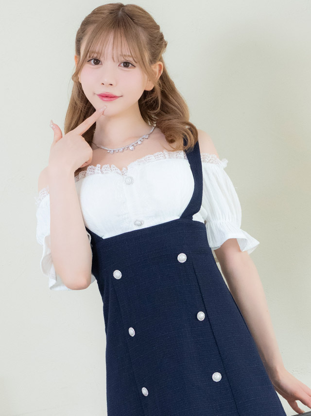 肩あきシフォンパフスリーブ切り替えツイードダブルボタンサロペット風フレアミニドレスの商品画像3枚目