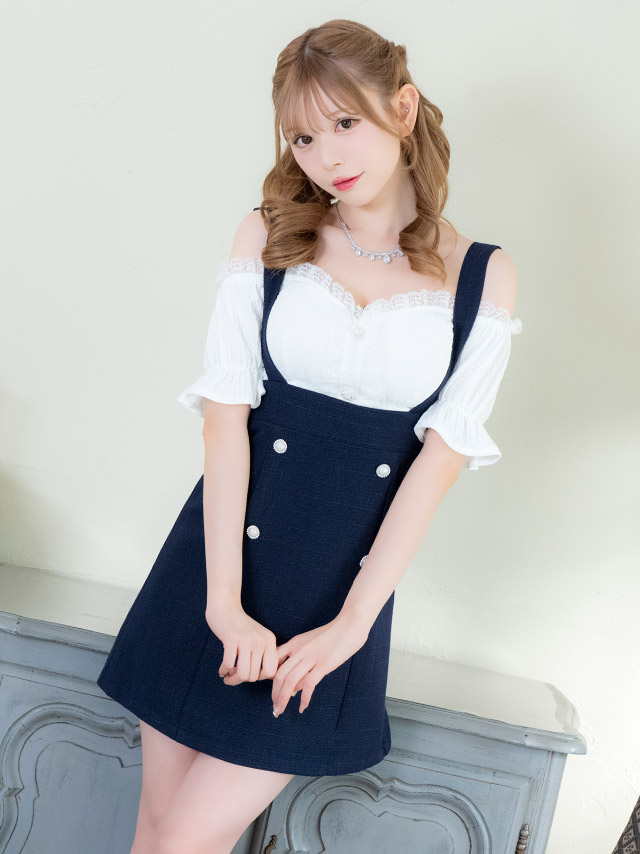 肩あきシフォンパフスリーブ切り替えツイードダブルボタンサロペット風フレアミニドレスの商品画像4枚目