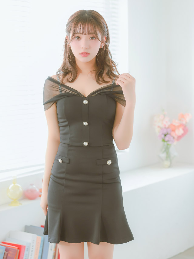 シアーラメショルダーパールボタンセットアップストレッチ肩あきフレアミニドレスの商品画像2枚目