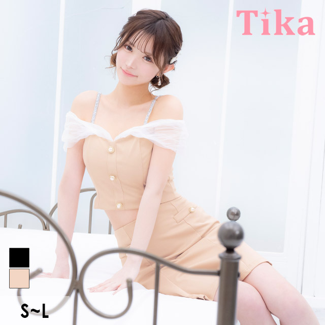 肩あきチュールパールボタンセットアップフレアミニドレスの商品画像1枚目