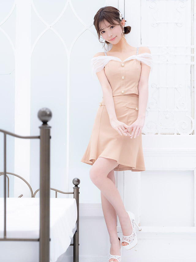 肩あきチュールパールボタンセットアップフレアミニドレスの商品画像2枚目