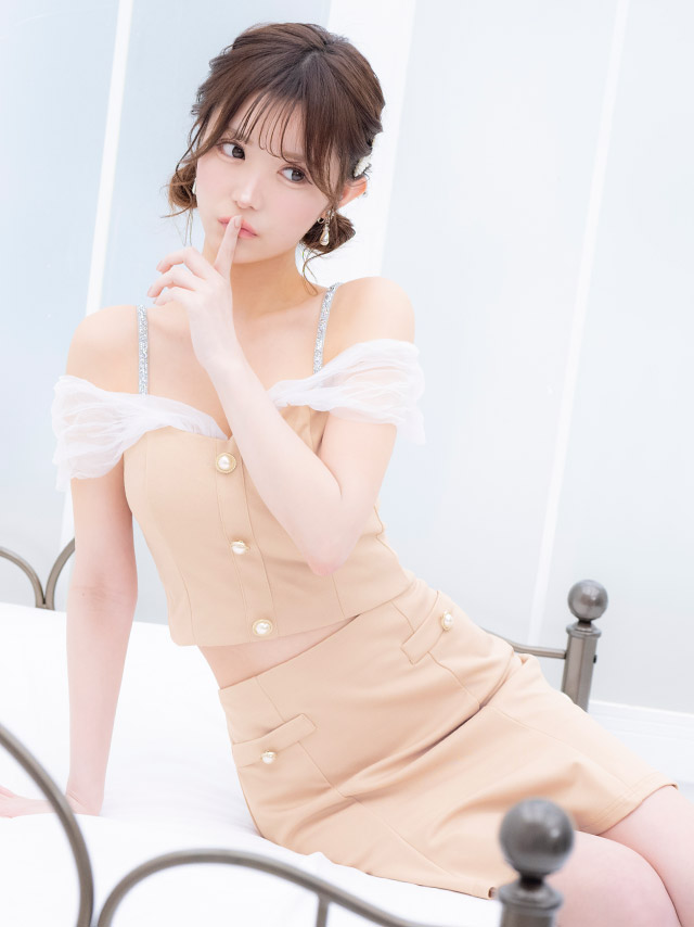 肩あきチュールパールボタンセットアップフレアミニドレスの商品画像2枚目