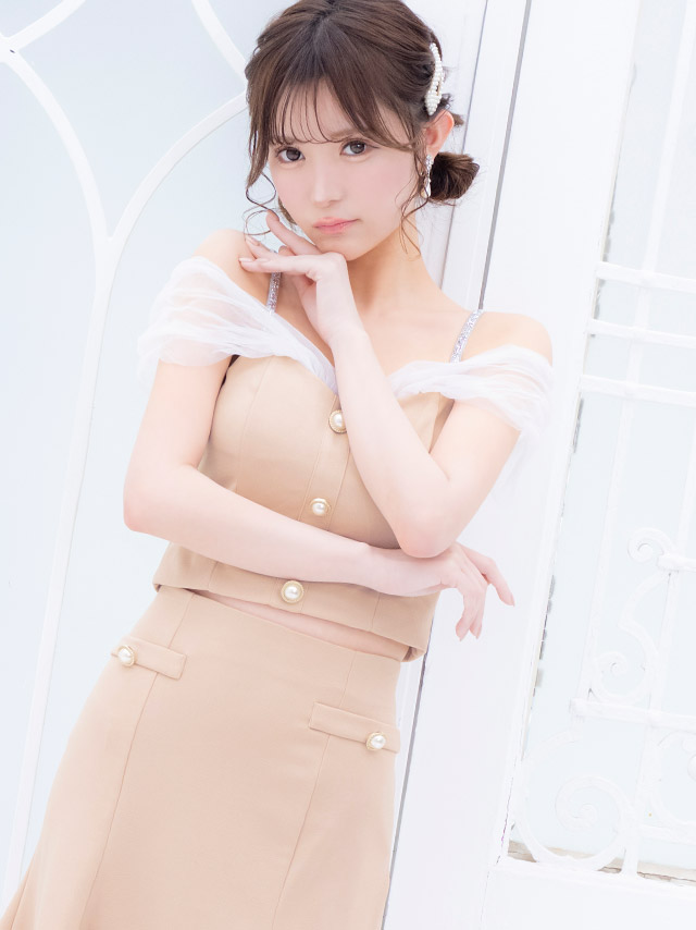 肩あきチュールパールボタンセットアップフレアミニドレスの商品画像2枚目