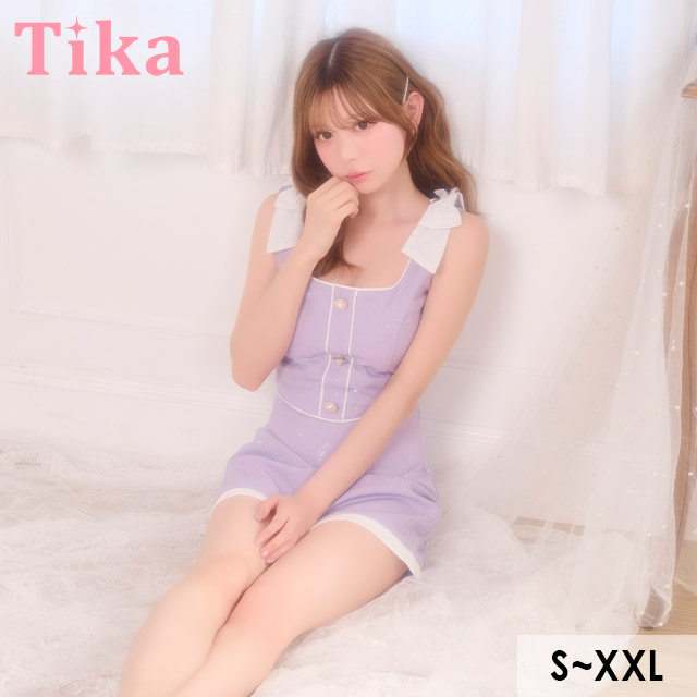 ミニドレス タイト セットアップ ノースリーブ ショルダーリボン ビジューシャワー キラキラ パールボタン パイピング 下着のまま ラベンダー 大きいサイズ XL XXL キャバドレス のメイン画像