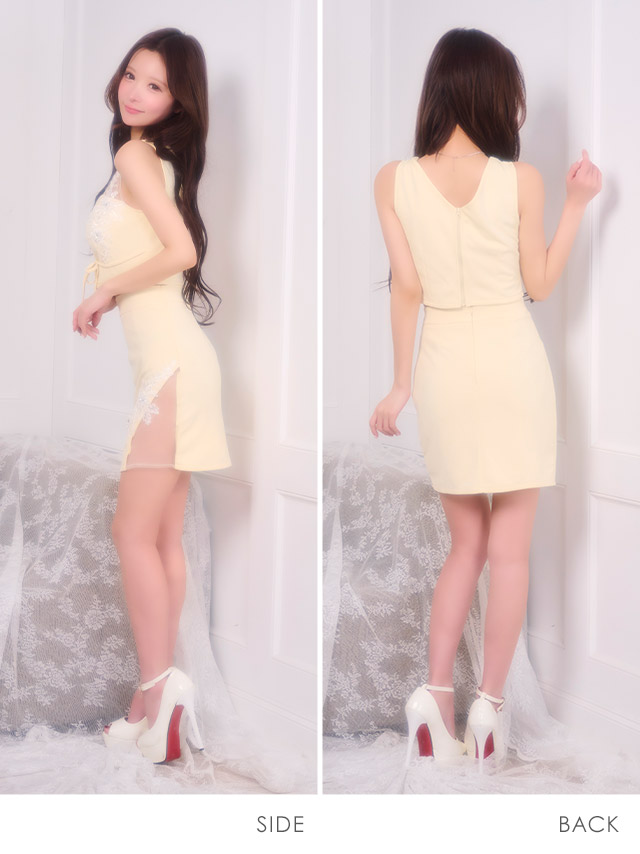 ミニドレス セットアップ ノースリーブ 立体フラワー 刺繍 リボン 谷間 シアー ストレッチ タイト パステル イエロー XL キャバドレス のサイド・バック画像