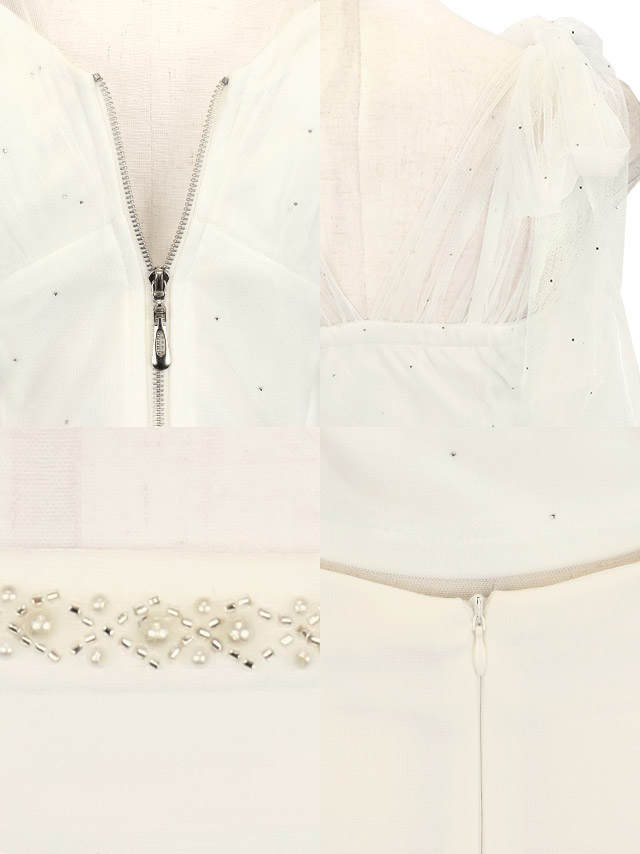 ミニドレス タイト セットアップ キャミソール ショルダーリボン ジップ 谷間 裾フリル 白 XL キャバドレスのディティール1枚目