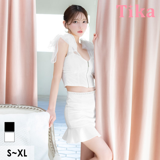 ミニドレス タイト セットアップ キャミソール ショルダーリボン ジップ 谷間 裾フリル 白 XL キャバドレスの商品画像1枚目