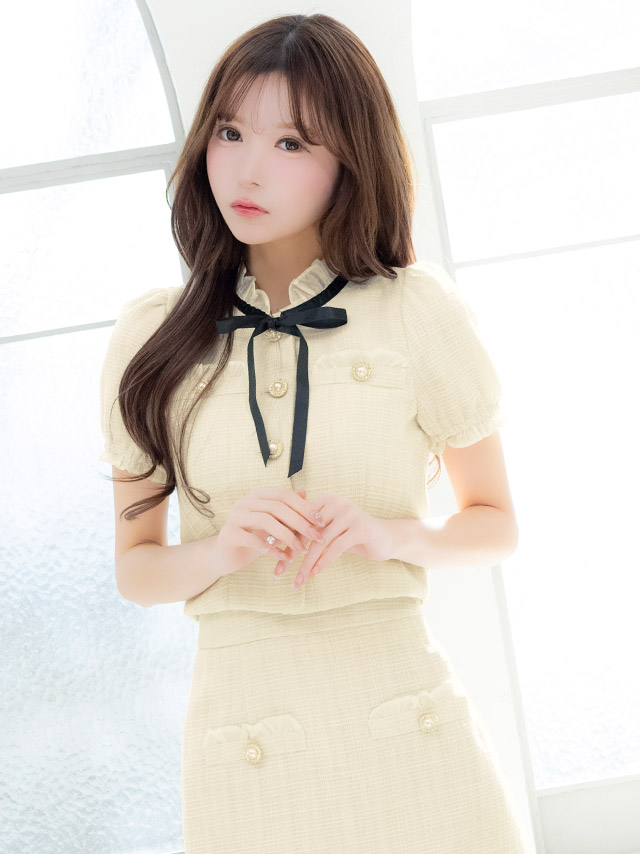 ミニドレス タイト セットアップ 半袖 ブラジャーのまま ネックリボン ハイネック 胸元隠し ツイード パールボタン 同伴 白 アイボリー XL キャバドレス の商品画像4枚目