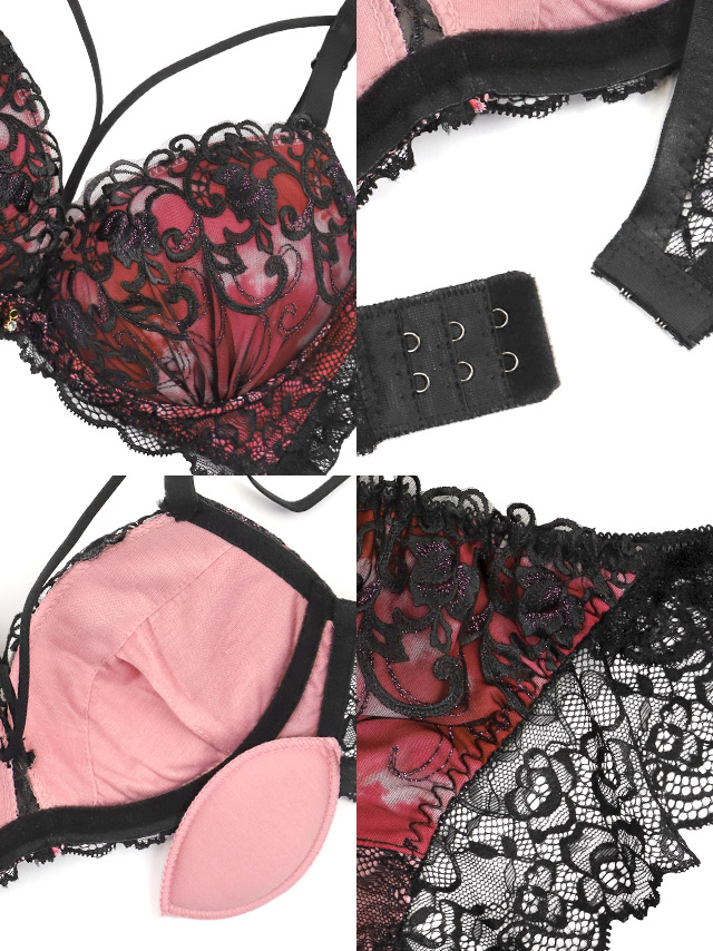 勝負下着セクシーランジェリー下着グラデーション刺繍ブラックレースクロスコード脇高ワイヤーブラジャーショーツ2点セット商品詳細3