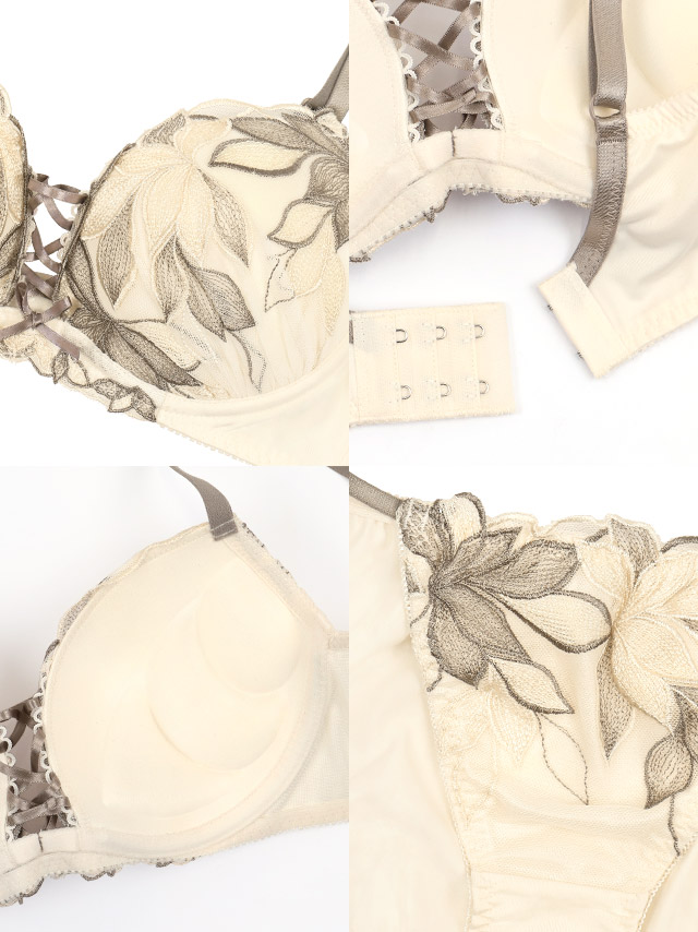勝負下着 セクシー ランジェリー アンティーク 花柄 刺繍 フロントレースアップ アイボリー 脇高 ブラジャー ショーツ ランジェリー 下着 2点セット のディティール画像2枚目