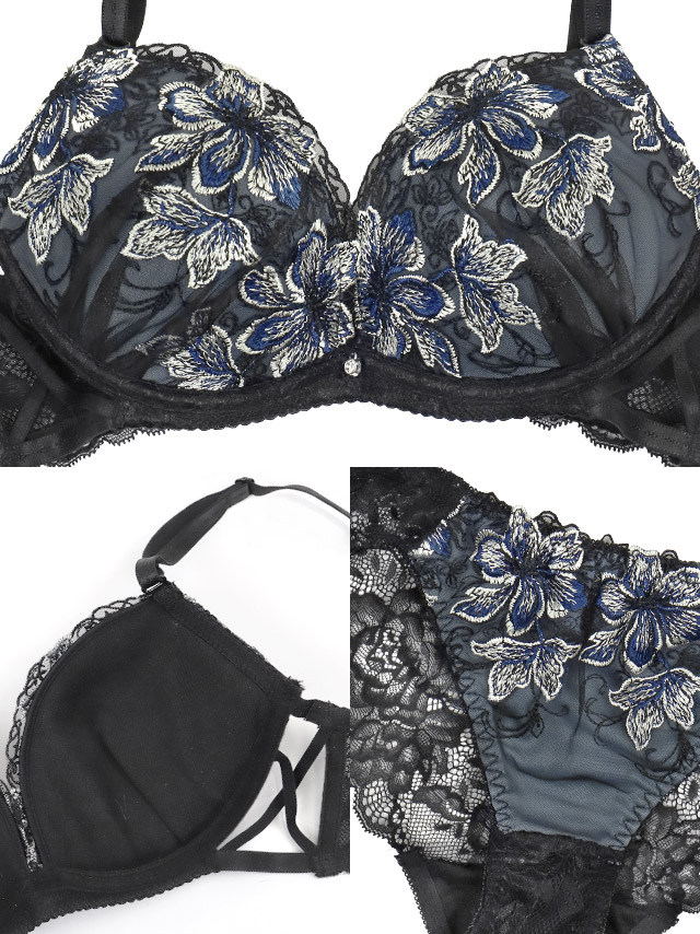 勝負下着セクシーランジェリーヌーディー刺繍レースブラック黒脇高ブラジャーショーツランジェリー2点セット商品詳細3