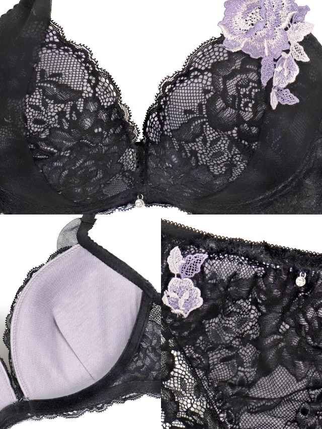 ランジェリー下着ヌーディーフラワーレース刺繍白脇高ブラジャーショーツ2点セット商品詳細3