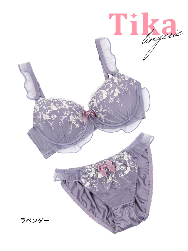 キャット 刺繍 フェミニン チュール フリル リボン ワイヤー ブラジャー ショーツ 2点セット商品詳細1