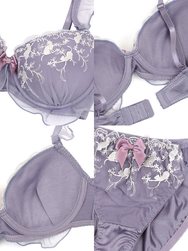 キャット 刺繍 フェミニン チュール フリル リボン ワイヤー ブラジャー ショーツ 2点セット商品詳細3