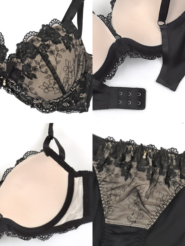 勝負下着ヌーディーフラワー刺繍レース脇高ワイヤーブラジャーショーツ2点セット商品詳細3