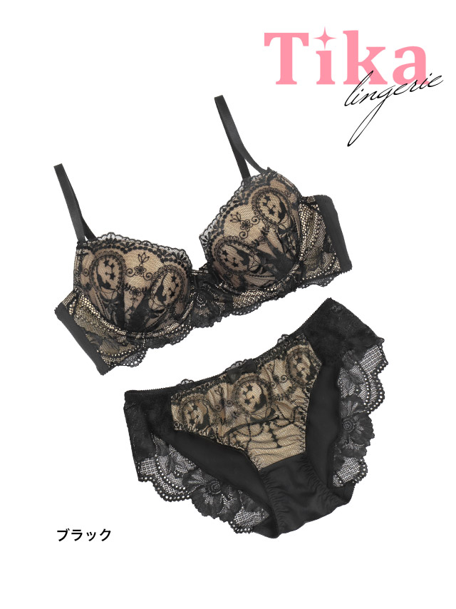 勝負下着セクシーランジェリーヌーディー刺繍レースブラック黒脇高ブラジャーショーツランジェリー2点セット商品詳細1