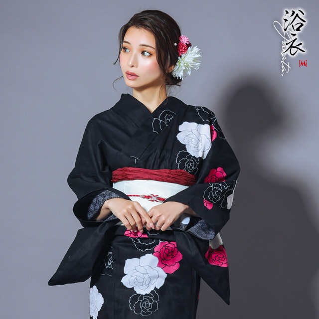 浴衣 選べる帯 粋 黒地鮮やか３色薔薇 ゆかた2点セット