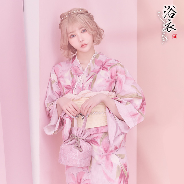 SWEET 淡いピンク × 水彩 百合 ゆかた2点セット