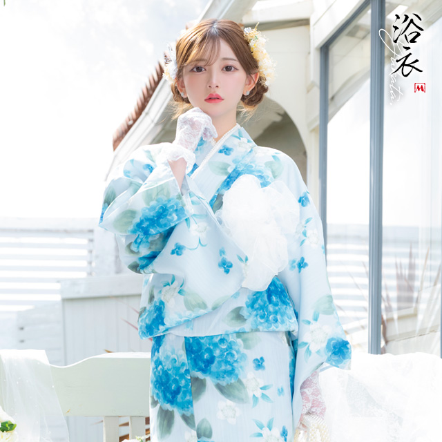 SWEETペールブルー水彩紫陽花菖蒲ゆかた2点セット