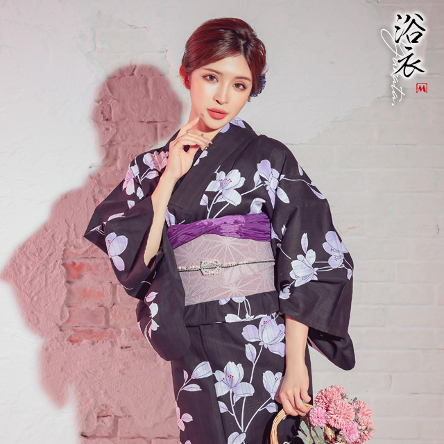 妖艶 黒地と紫菖蒲のゆかた2点セット
