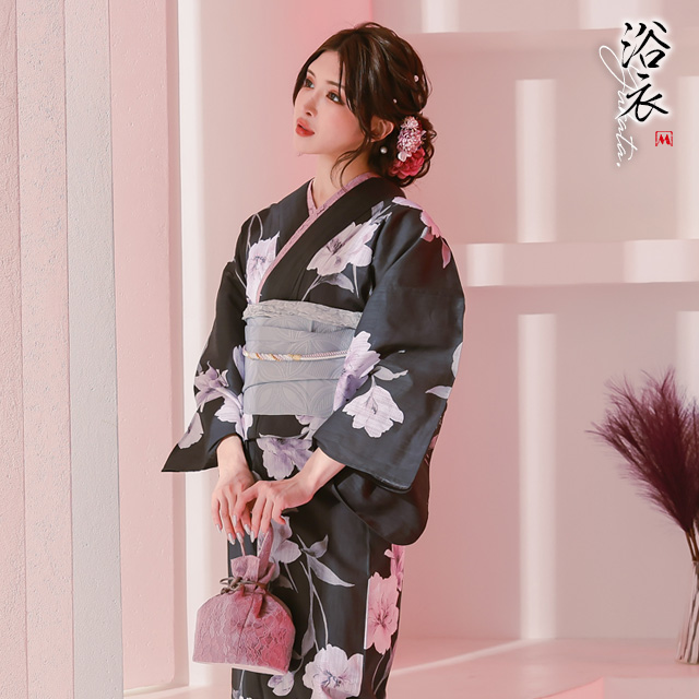 妖艶 黒地×水彩くすみカラー百合 ゆかた2点セット