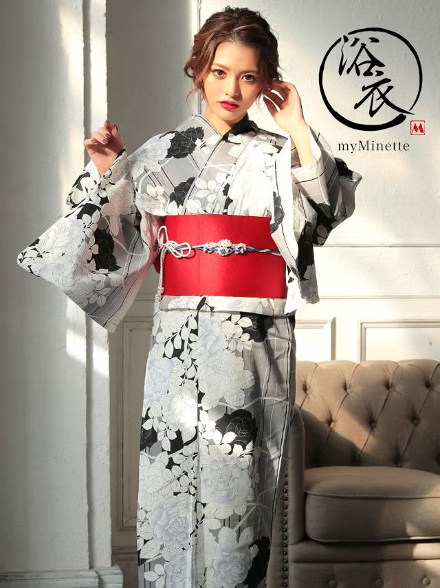 レトログレーに薔薇モノクロ ゆかた2点セット