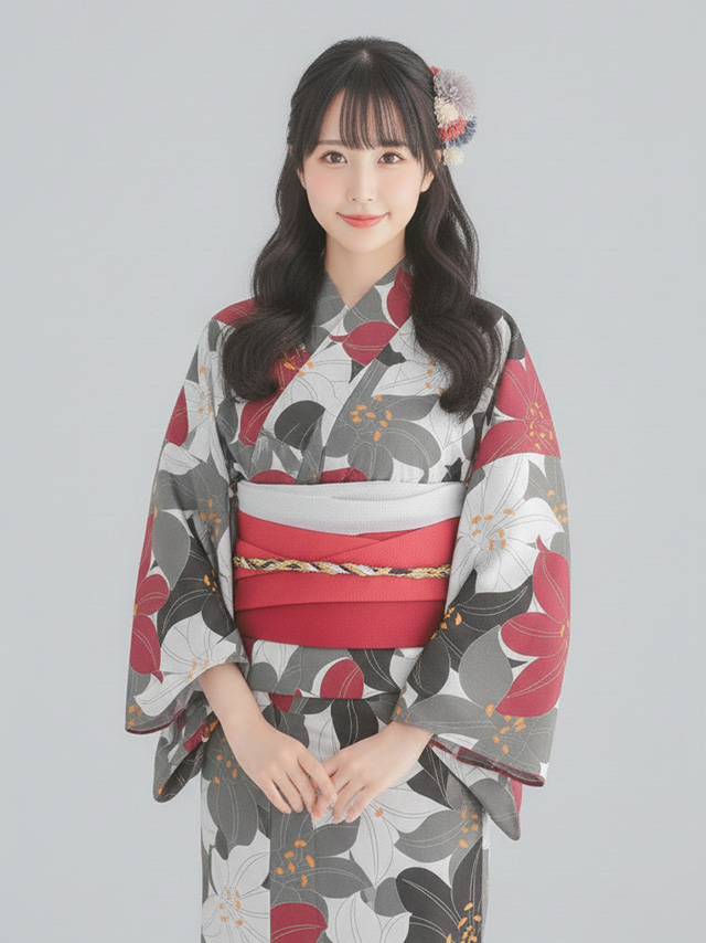 妖艶 ベージュ地にヴィンテージフラワー ゆかた3点セット