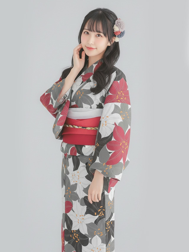 妖艶 ベージュ地にヴィンテージフラワー ゆかた3点セット