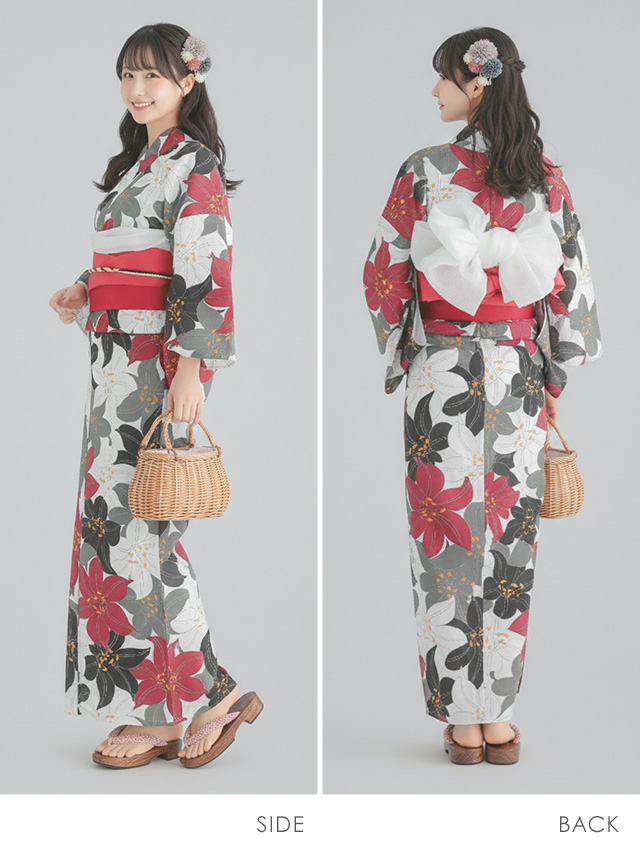 妖艶 ベージュ地にヴィンテージフラワー ゆかた3点セット