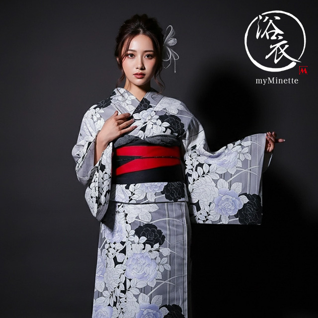 妖艶 ベージュ地にヴィンテージフラワー ゆかた3点セット