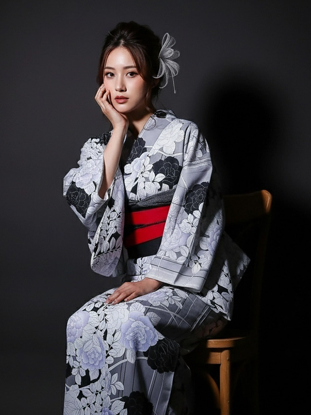 妖艶 ベージュ地にヴィンテージフラワー ゆかた3点セット