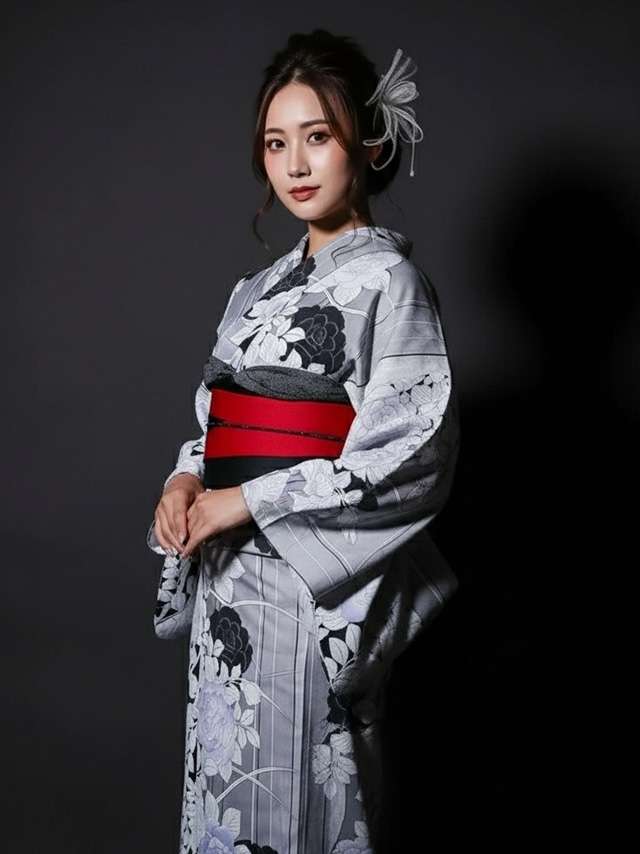 妖艶 ベージュ地にヴィンテージフラワー ゆかた3点セット