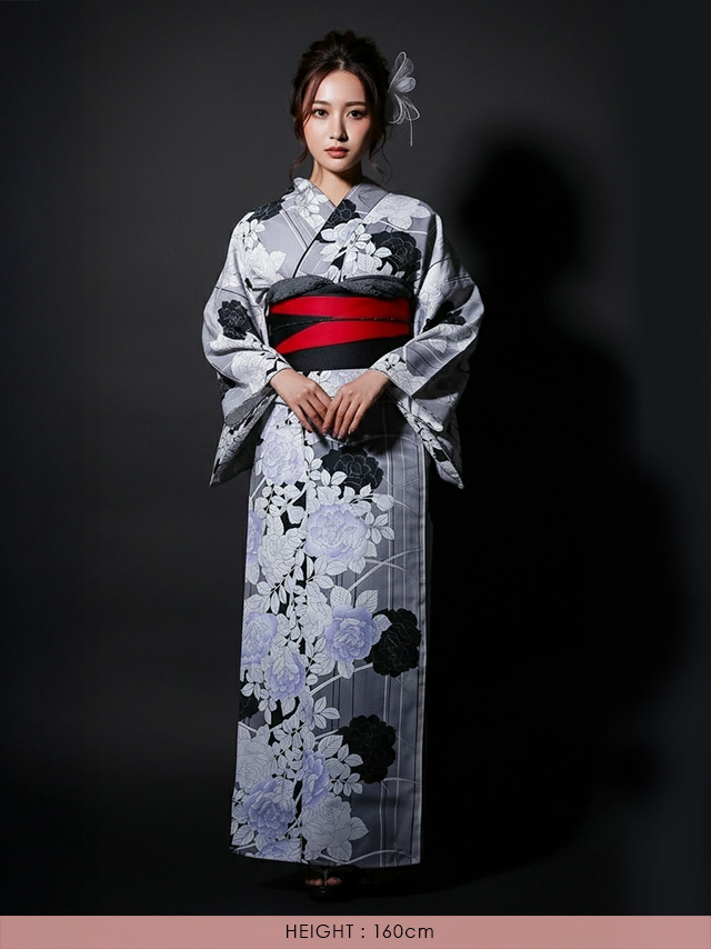 妖艶 ベージュ地にヴィンテージフラワー ゆかた3点セット