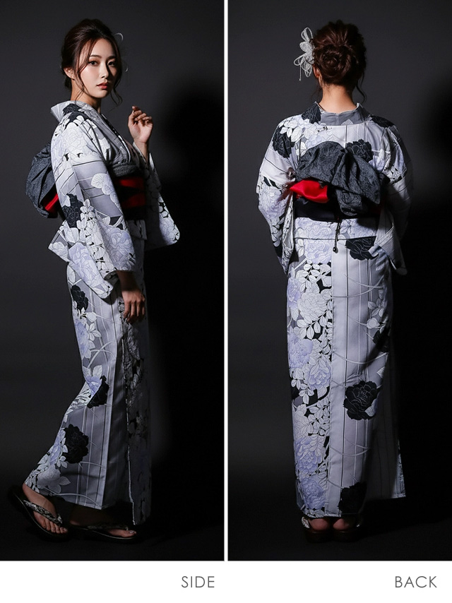 妖艶 ベージュ地にヴィンテージフラワー ゆかた3点セット