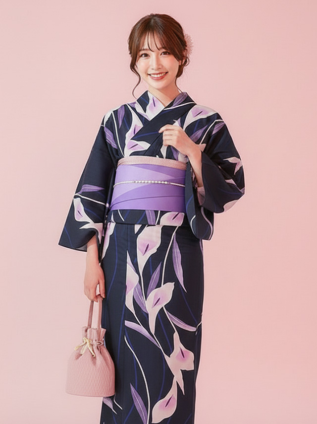 粋 濃紺×しっとり菖蒲の花 ゆかた3点セット