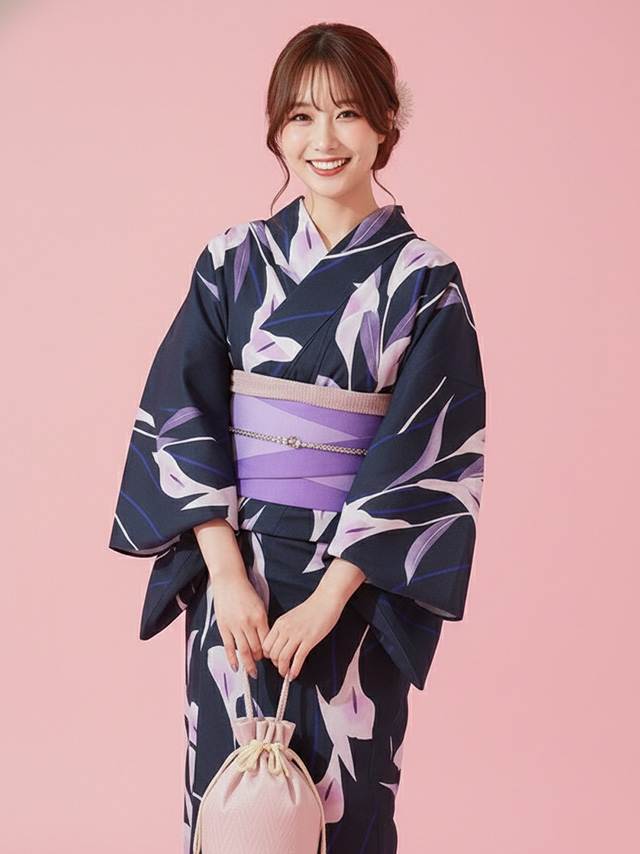 粋 濃紺×しっとり菖蒲の花 ゆかた3点セット