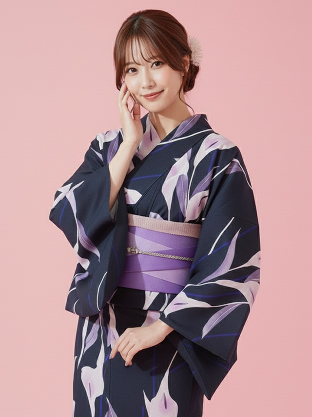 粋 濃紺×しっとり菖蒲の花 ゆかた3点セット