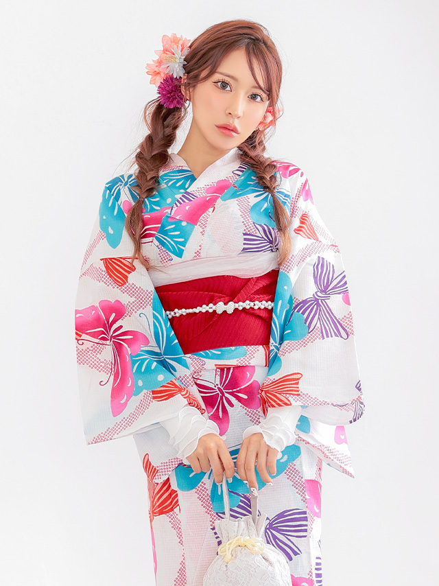  浴衣 プチプラ 安い 白色地 × カラフル 蝶柄 2点セット