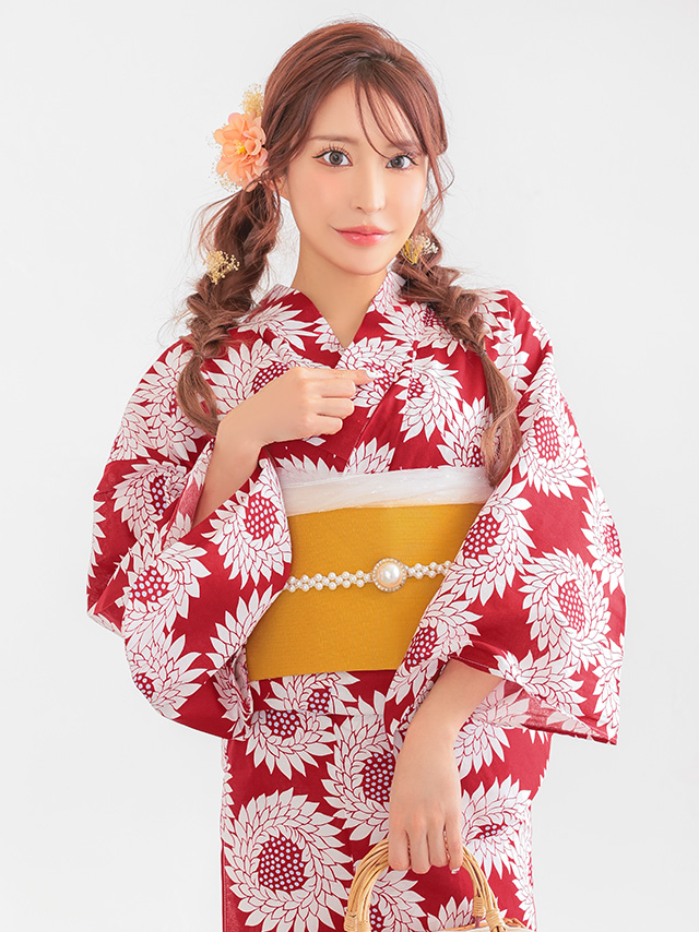  浴衣 プチプラ 安い 赤地 × レトロ 向日葵柄 3点セット