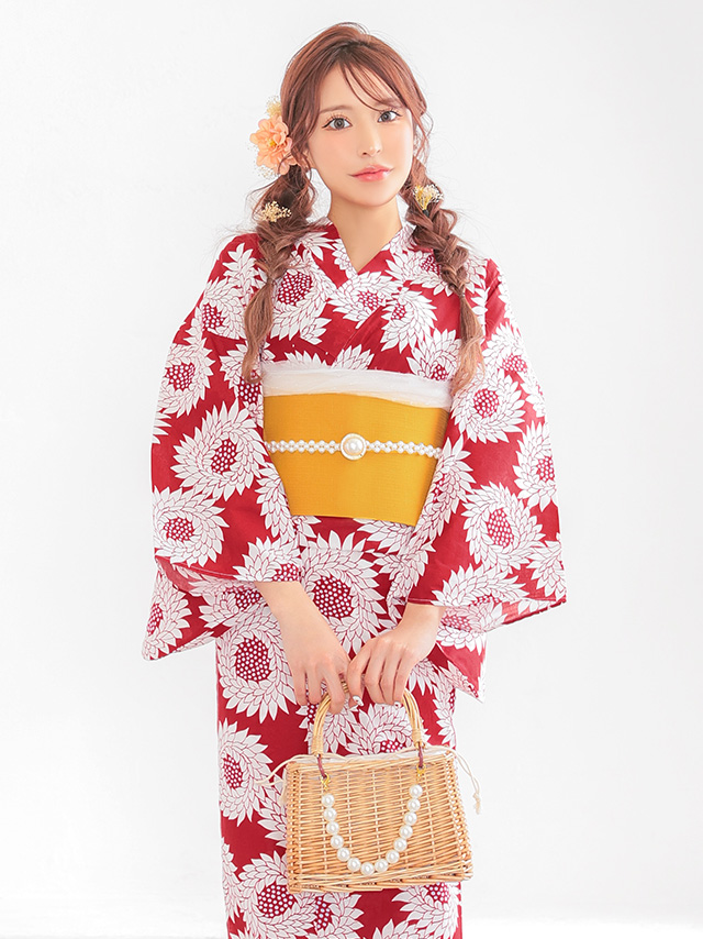  浴衣 プチプラ 安い 赤地 × レトロ 向日葵柄 3点セット