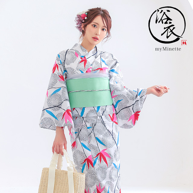  浴衣 プチプラ 安い 白色地 × レトロ モダン 菊 紅葉 柄 2点セット