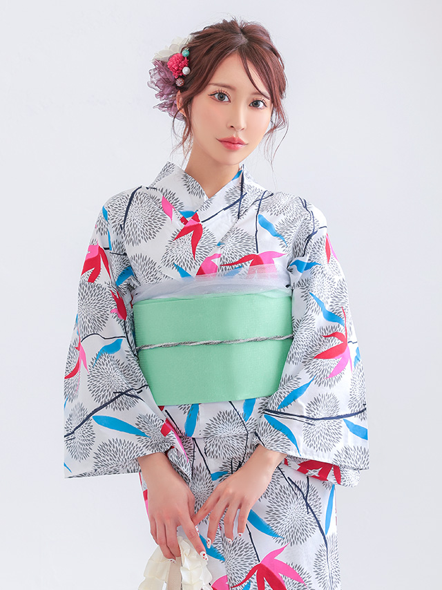  浴衣 プチプラ 安い 白色地 × レトロ モダン 菊 紅葉 柄 2点セット
