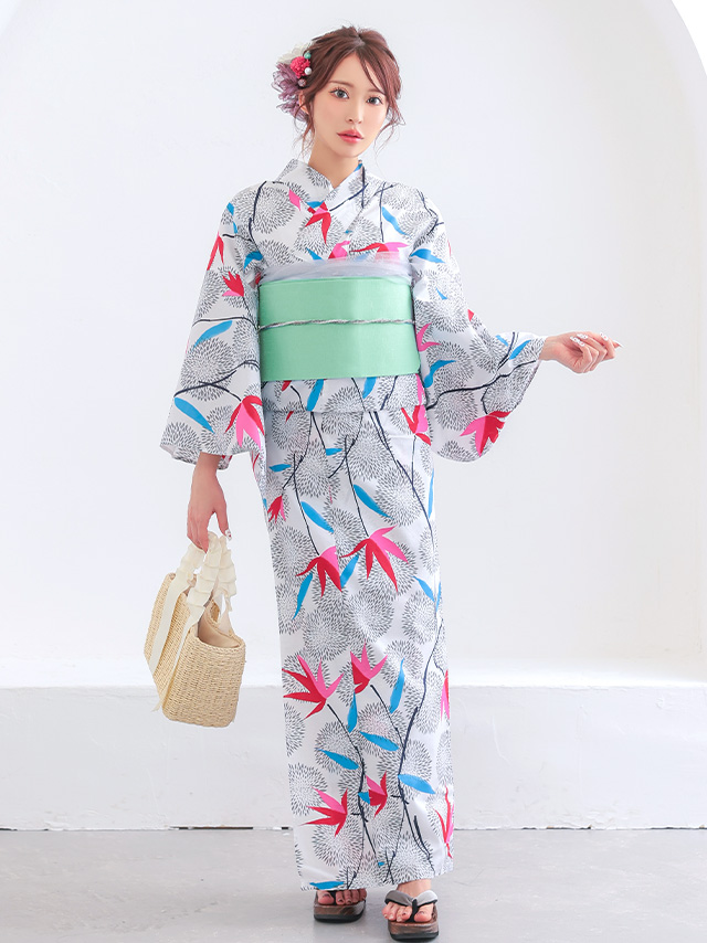  浴衣 プチプラ 安い 白色地 × レトロ モダン 菊 紅葉 柄 2点セット