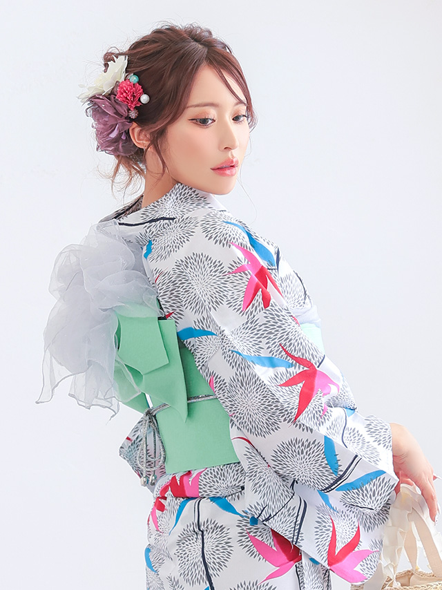  浴衣 プチプラ 安い 白色地 × レトロ モダン 菊 紅葉 柄 2点セット