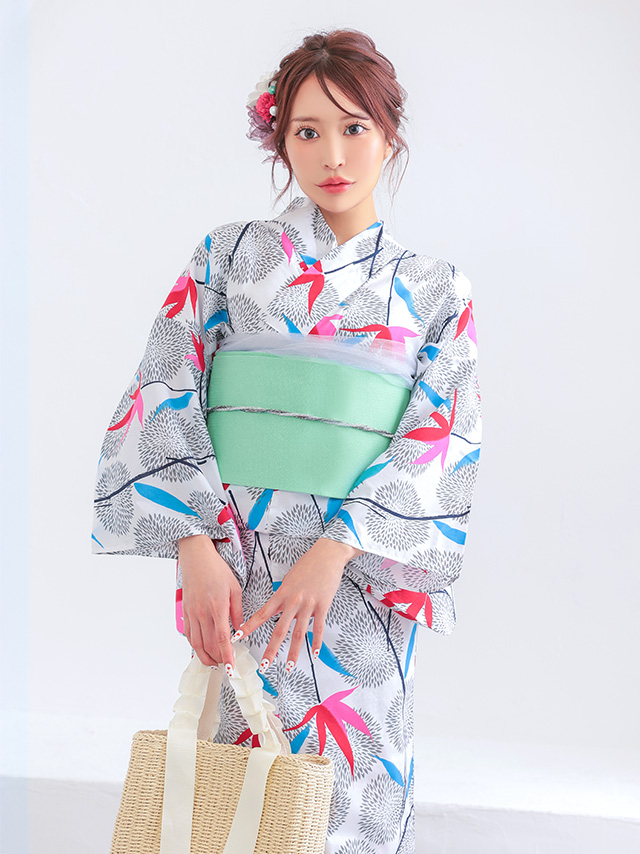  浴衣 プチプラ 安い 白色地 × レトロ モダン 菊 紅葉 柄 2点セット
