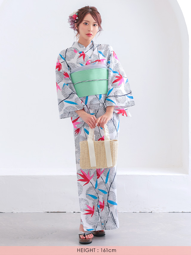  浴衣 プチプラ 安い 白色地 × レトロ モダン 菊 紅葉 柄 2点セット