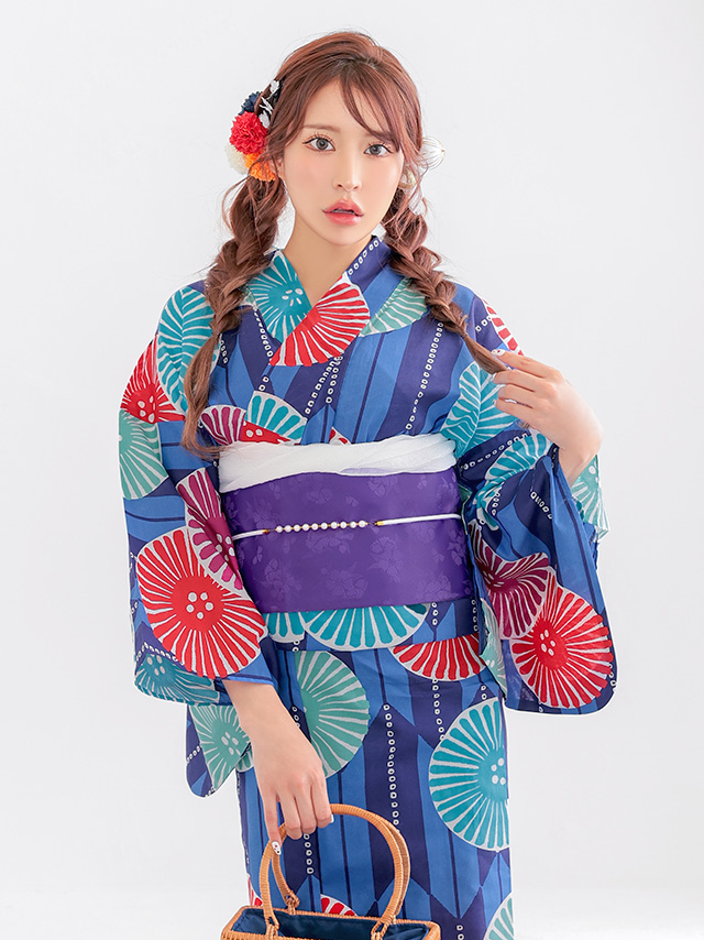  プチプラ 安い 青地 × カラフル 菊柄 レトロ ストライプ 2点セット