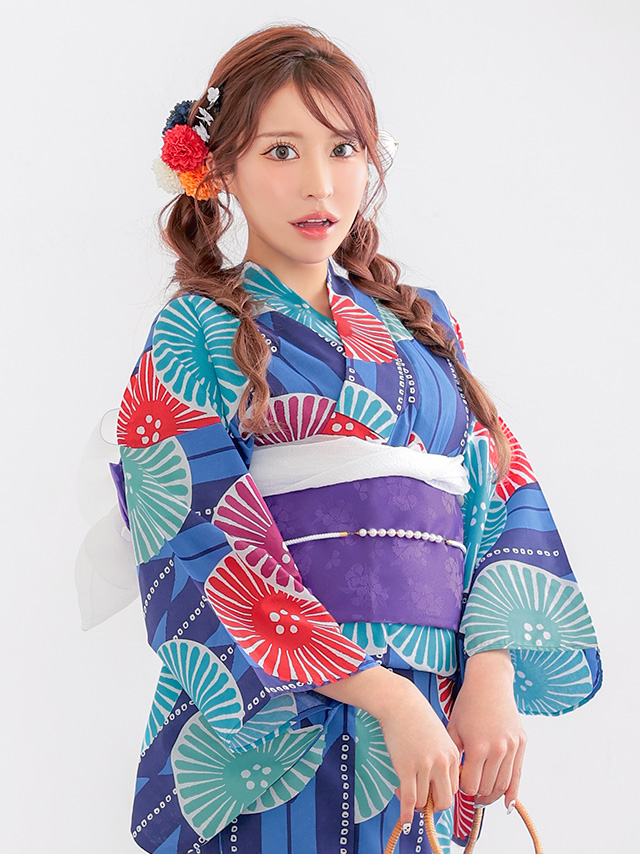  プチプラ 安い 青地 × カラフル 菊柄 レトロ ストライプ 2点セット