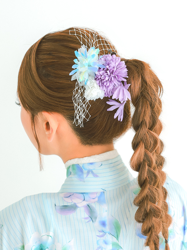 浴衣小物 プチプラ 髪飾り チュールネット ポンポン 花 レトロ